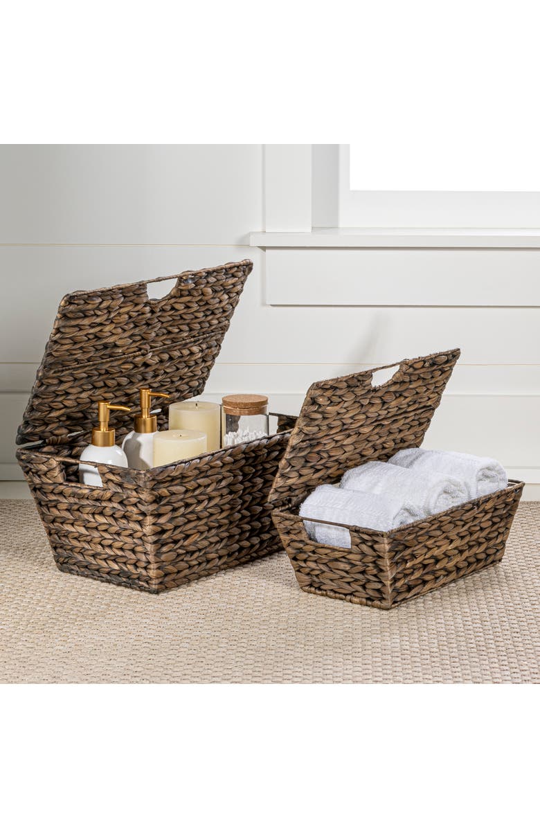 HAPPIMESS Wilder Classic Farmhouse Woven Hyacinth Rectangular Storage Baskets with Lids and Handles, Main, color, Brown