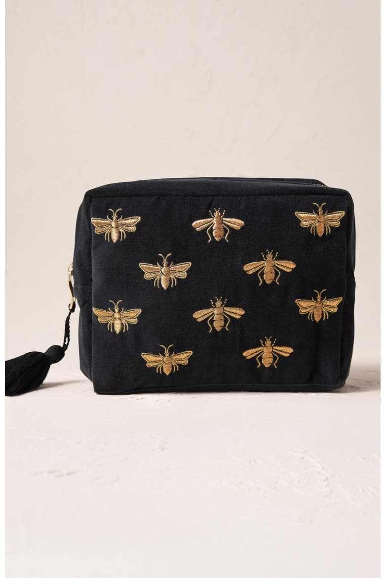 Honey Bee Velvet Wash Bag, Main, color, Charcoal