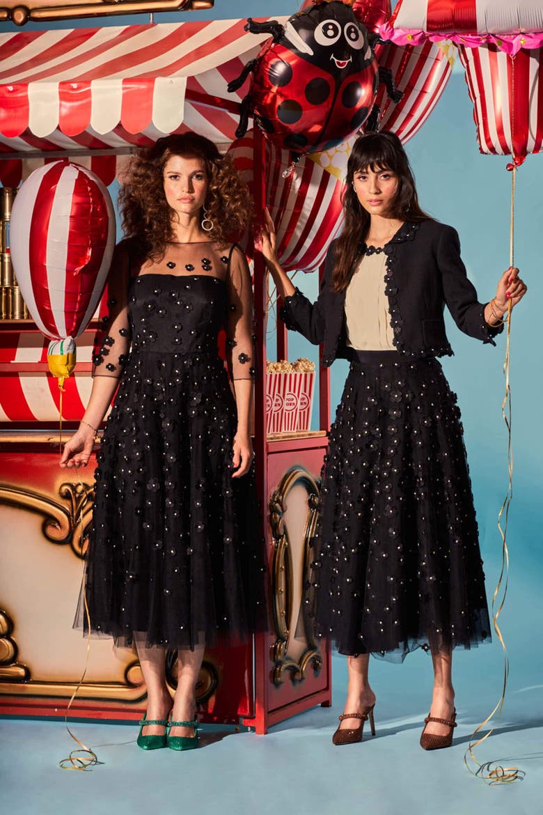 Embroidered Mesh Cocktail Gown With Sleeves, Alternate, color, Black
