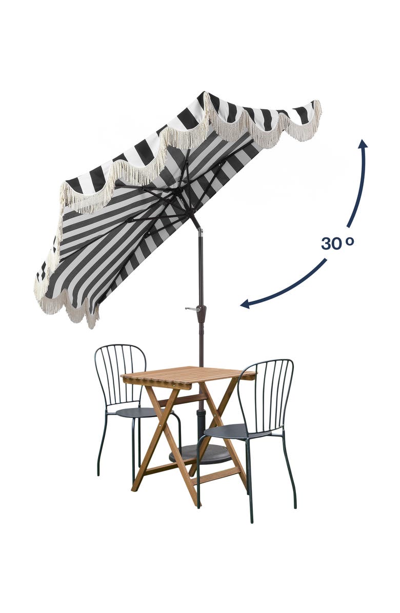 JONATHAN Y Beverly 9 ft. Designer Classic Scalloped Fringe Half Market Patio Umbrella with Crank, Push Button Tilt and UV Protection, Alternate, color, Black/White