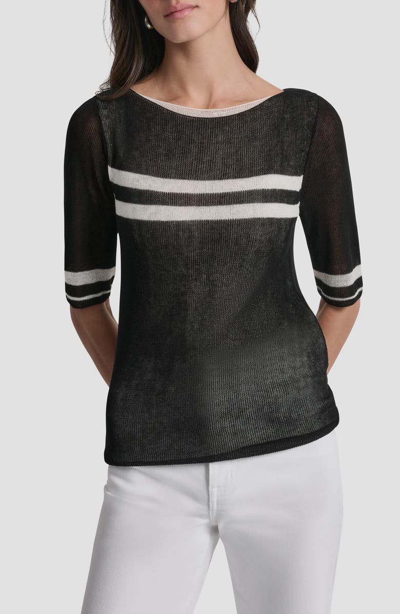 DKNY Stripe Lightweight Elbow Sleeve Sweater, Main, color, Black/Ivory