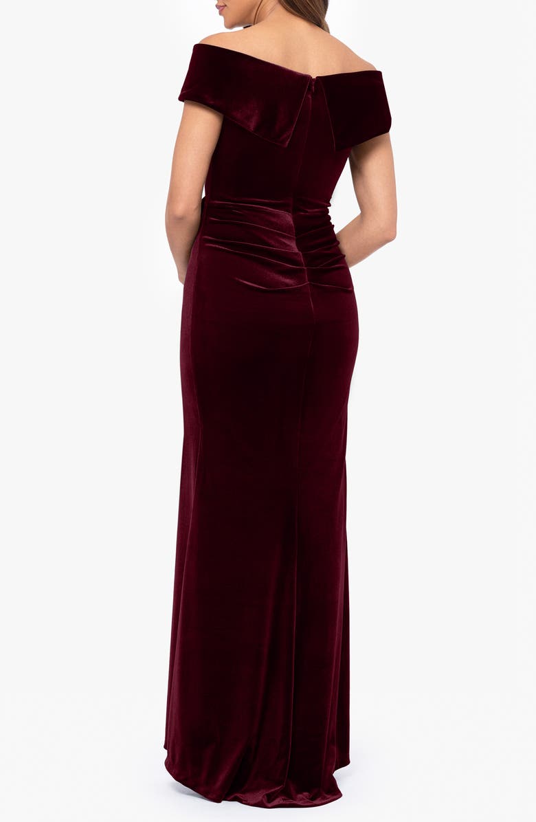 Xscape Evenings Ruffle Off the Shoulder Stretch Velvet Gown, Alternate, color, Burgundy
