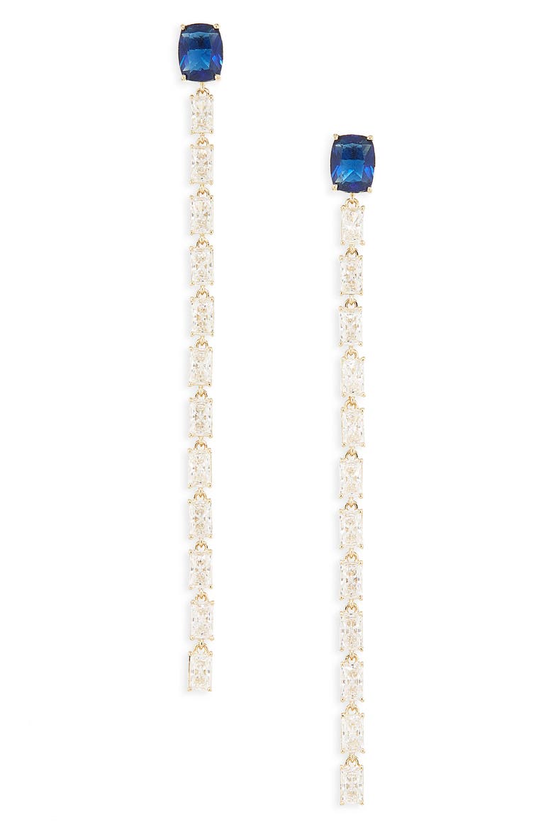 Cubic Zirconia Linear Drop Earrings, Main, color, GOLD/ BLUE