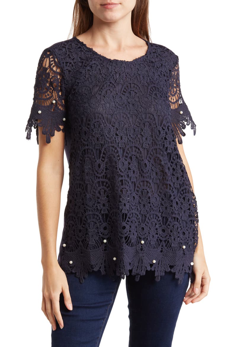 Crochet Lace Short Sleeve Top, Main, color, NAVY