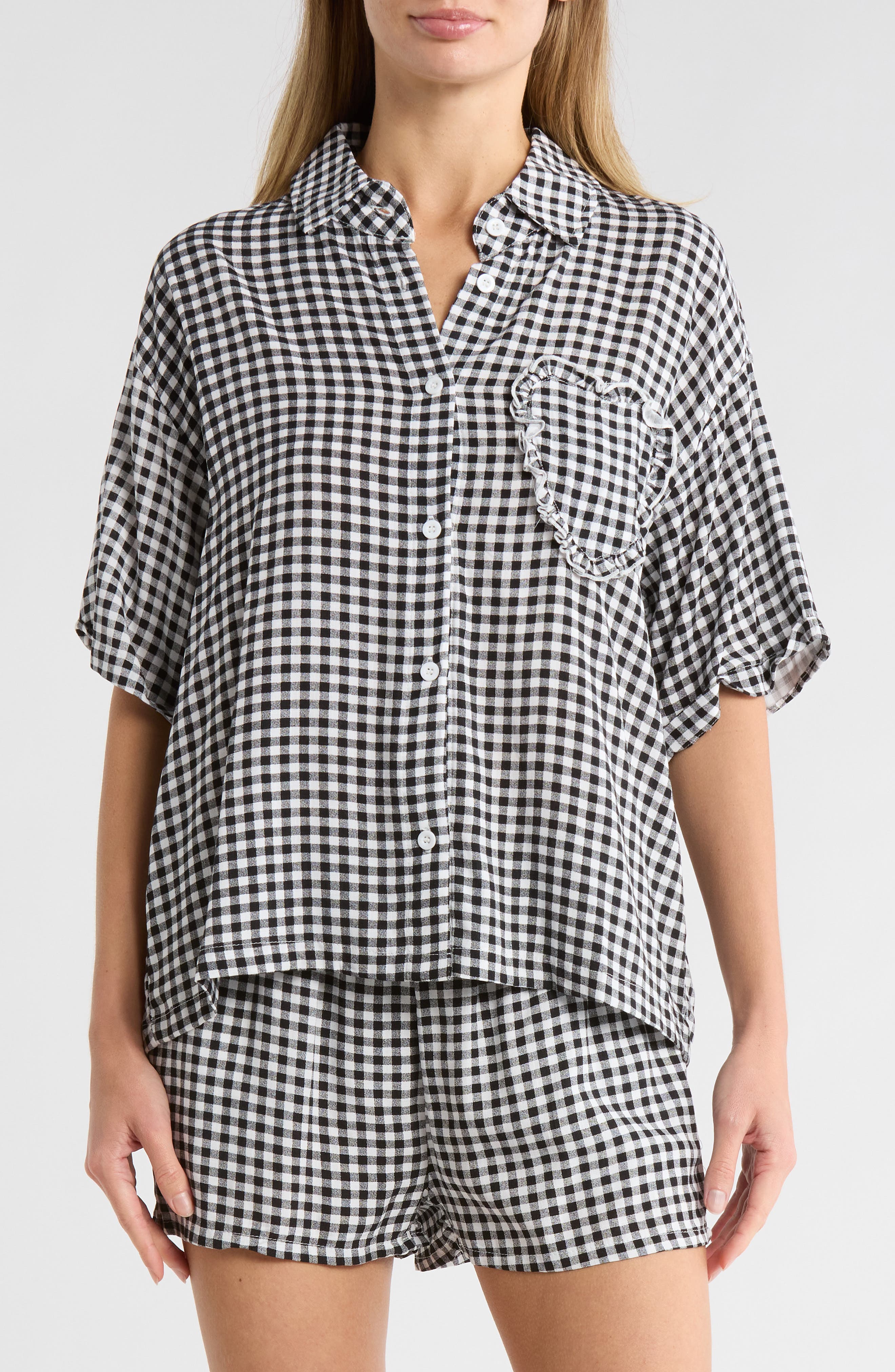 Betsey Johnson Heart Patch Cabana Button-Up Shirt & Shorts Cover-Up Set