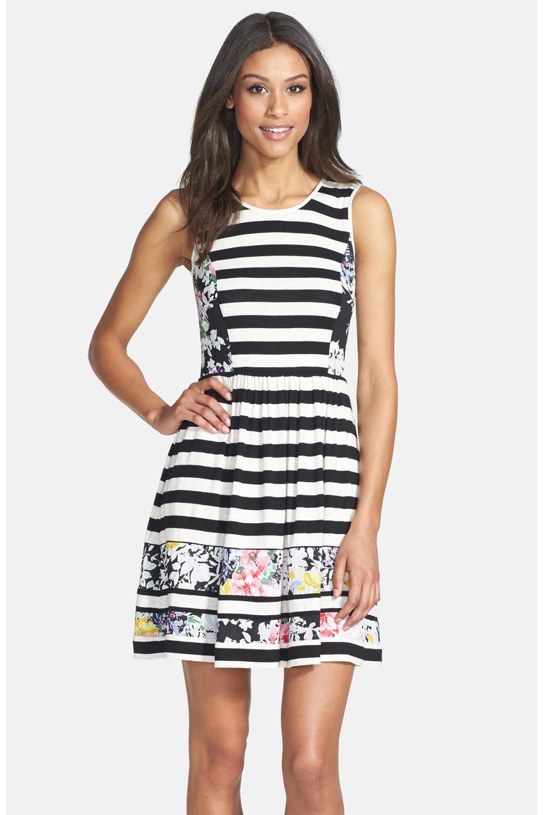 Floral Inset Stripe Jersey Dress, Main, color, BLACK/ WHITE MULTI