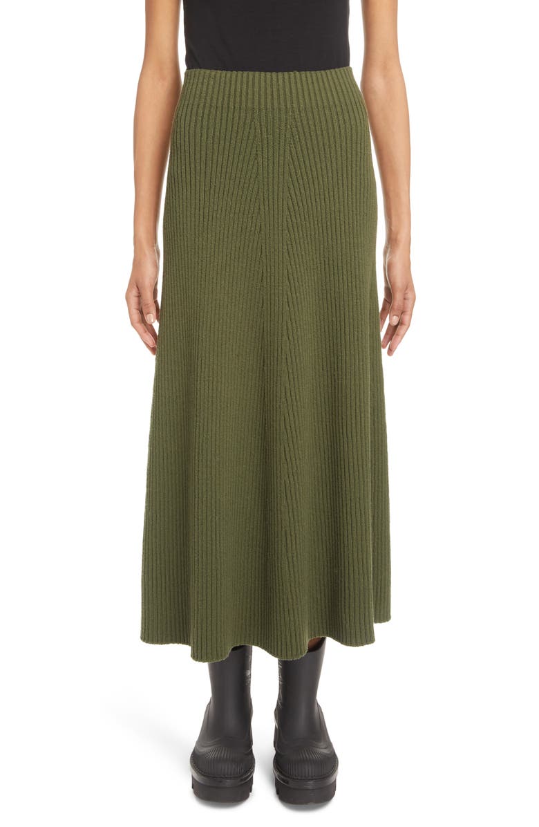 Chloé Directional Rib Wool A-Lline Skirt, Main, color, 3F5-Smoky Leaf