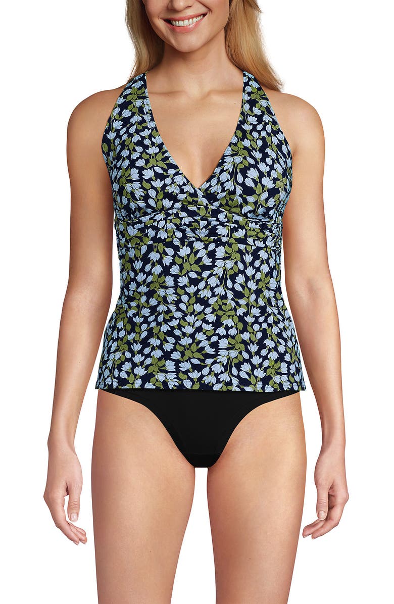 Lands' End D-Cup V-Neck Plunge X Back Tankini Top, Main, color, Navy Mini Bloom Floral