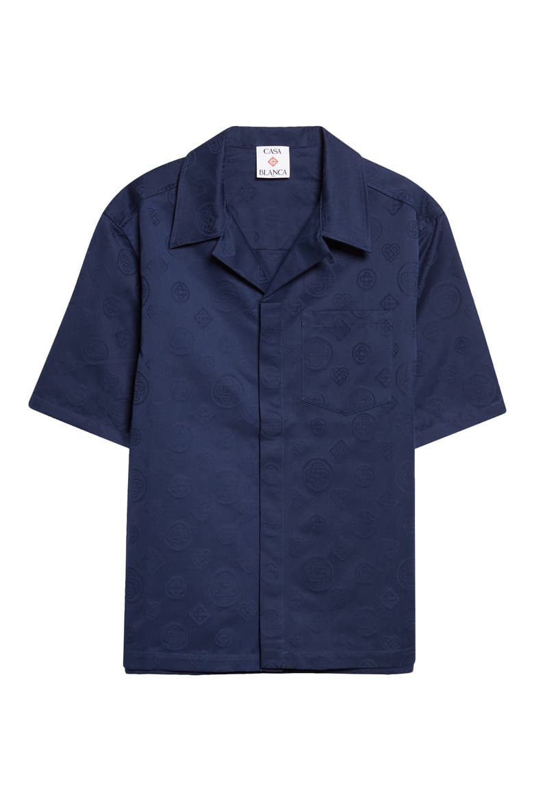 Monogram Cotton Poplin Camp Shirt, Alternate, color, NAVY