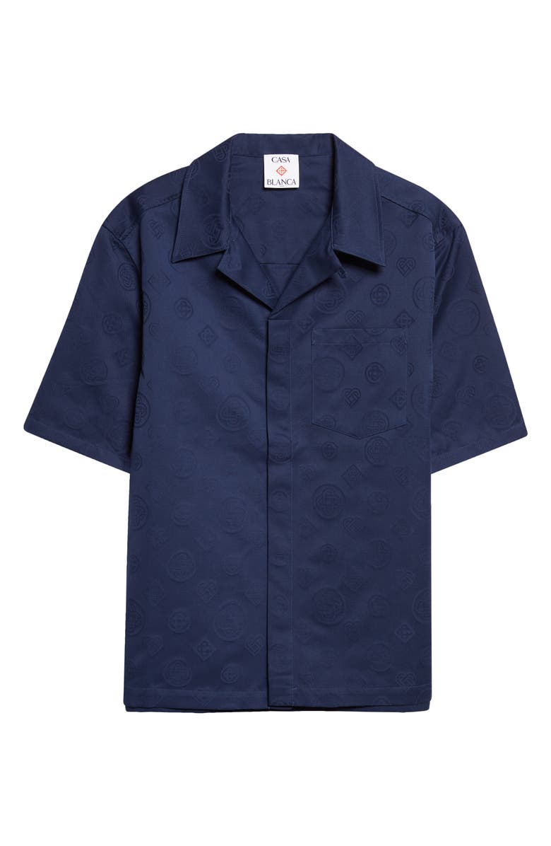 Casablanca Monogram Cotton Poplin Camp Shirt, Main, color, Navy