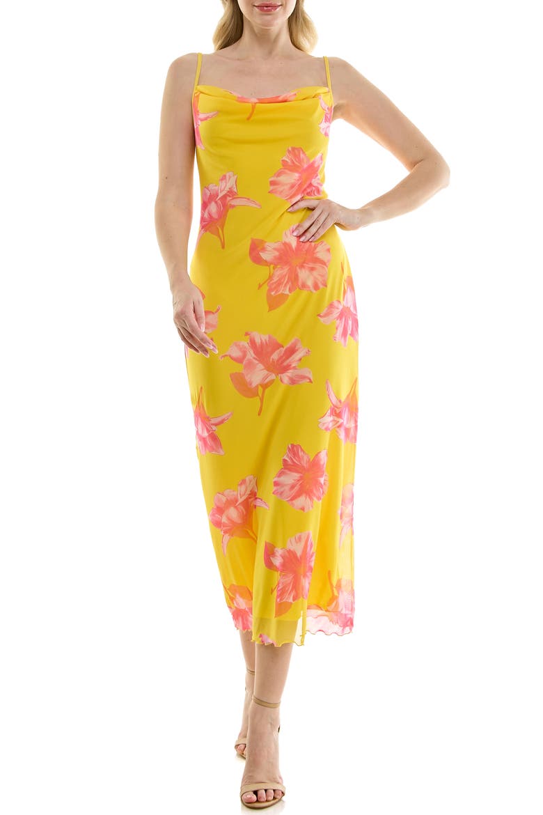 Tropical Mesh Cowl Maxi Dress, Main, color, YELLOW PINK
