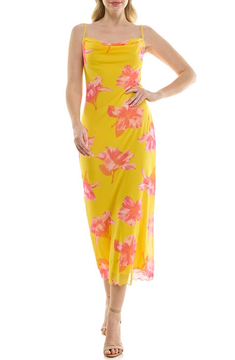Tropical Mesh Cowl Maxi Dress