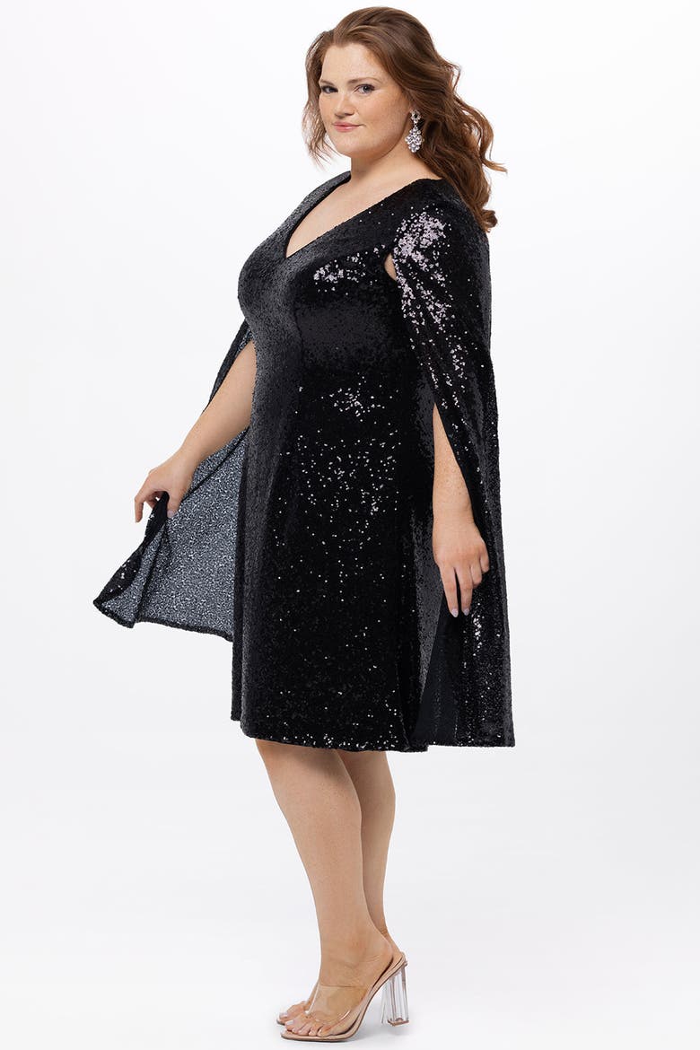 Sequin V-Neck Cape Sleeve Plus Size Party Dress, Alternate, color, Onyx