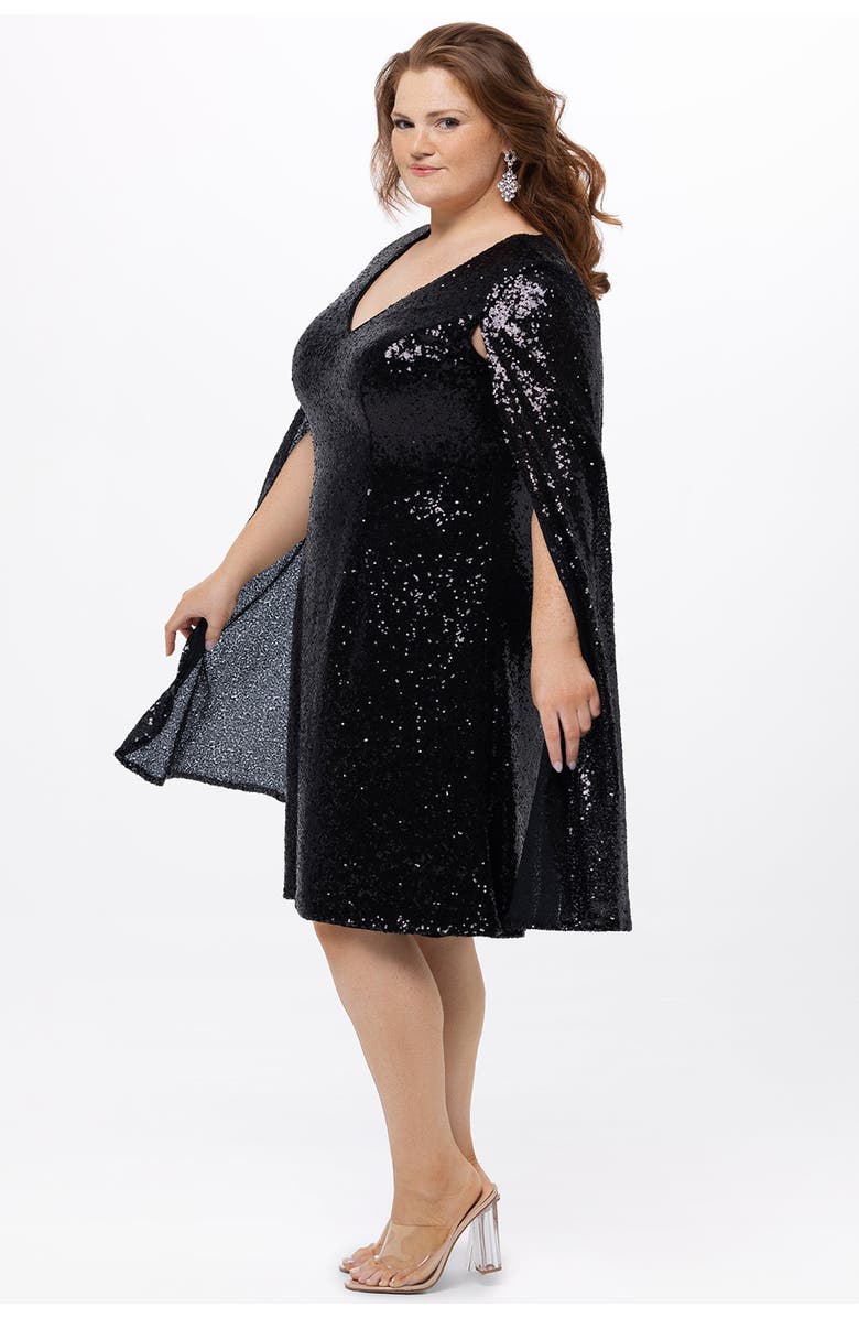 Celebrations by Sydney's Closet Sequin V-Neck Cape Sleeve Plus Size Party Dress, Alternate, color, Onyx