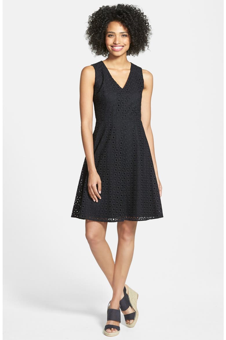 Eyelet Fit & Flare Dress, Main, color, BLACK