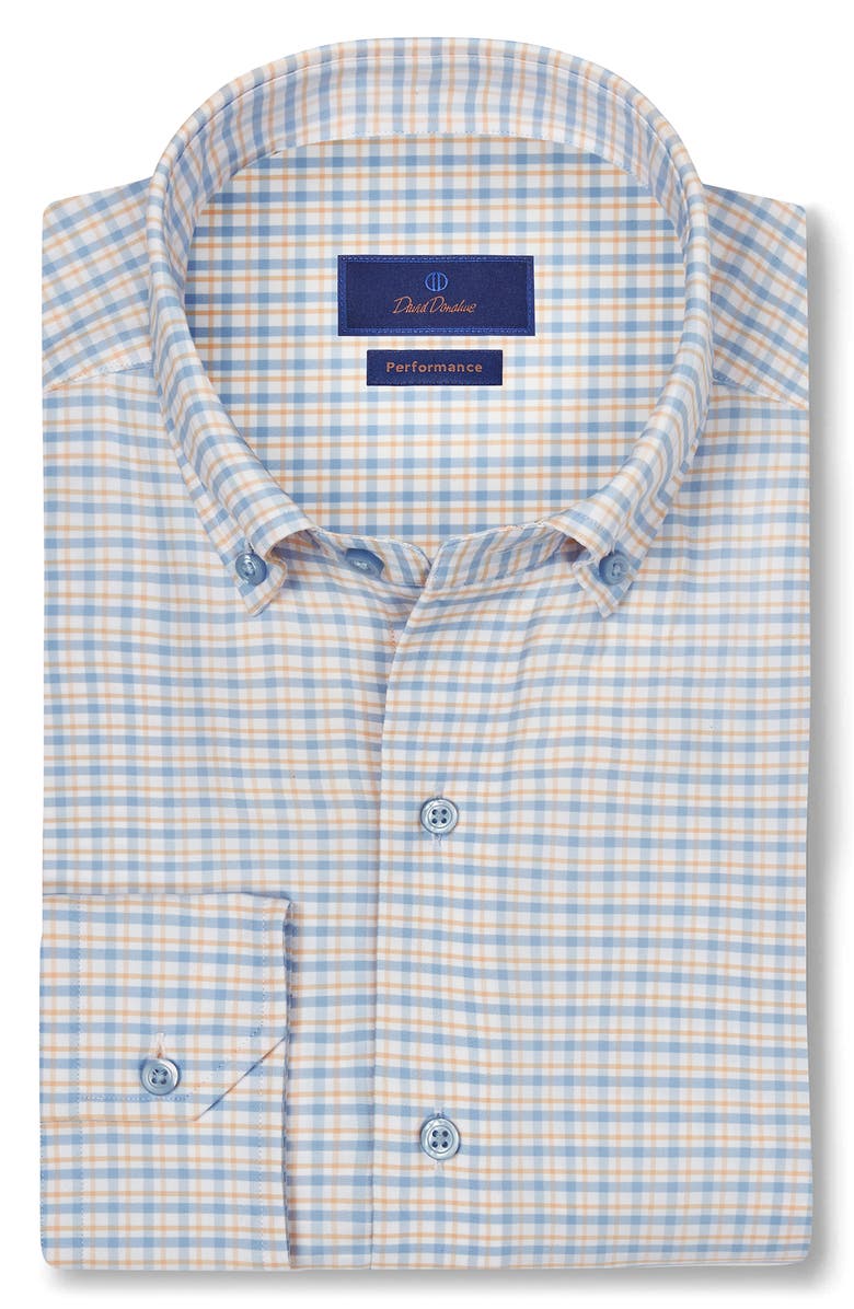 David Donahue Grid Print Performance Sport Shirt, Main, color, White/ Blue