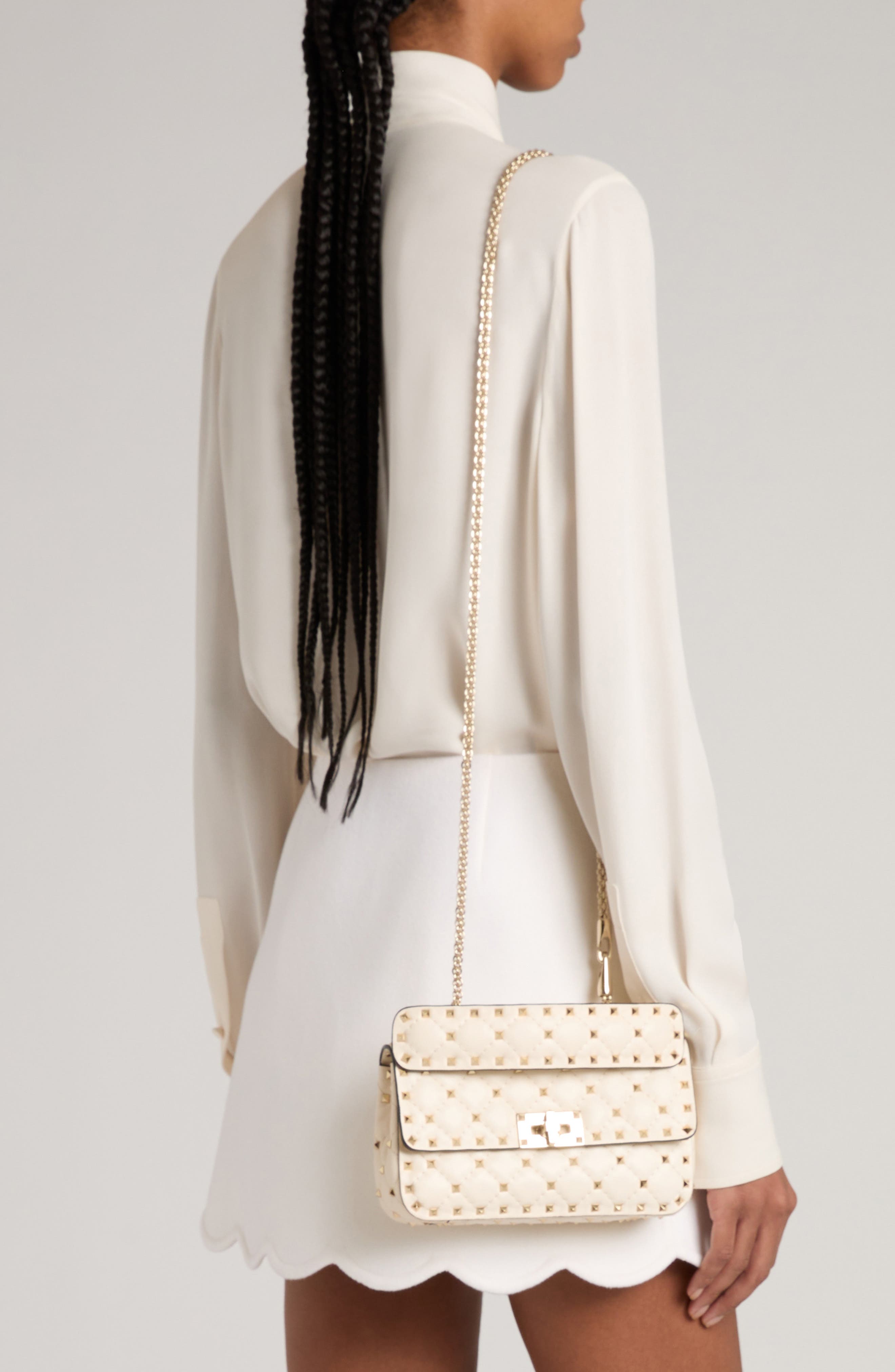 Valentino Garavani Small Rockstud Spike Leather Shoulder Bag, Alternate, color, Light Ivory