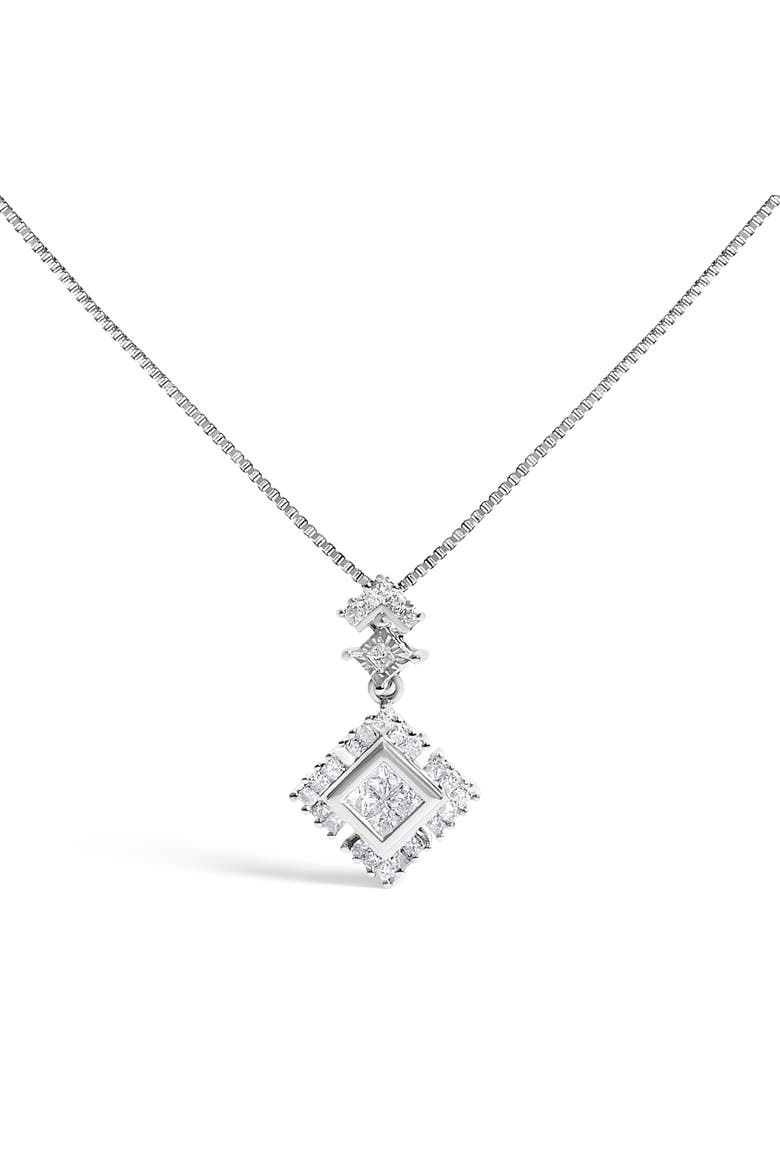 10K White Gold 1/2 Cttw Princess Cut Rhombus Drop Pendant Necklace, Main, color, White Gold