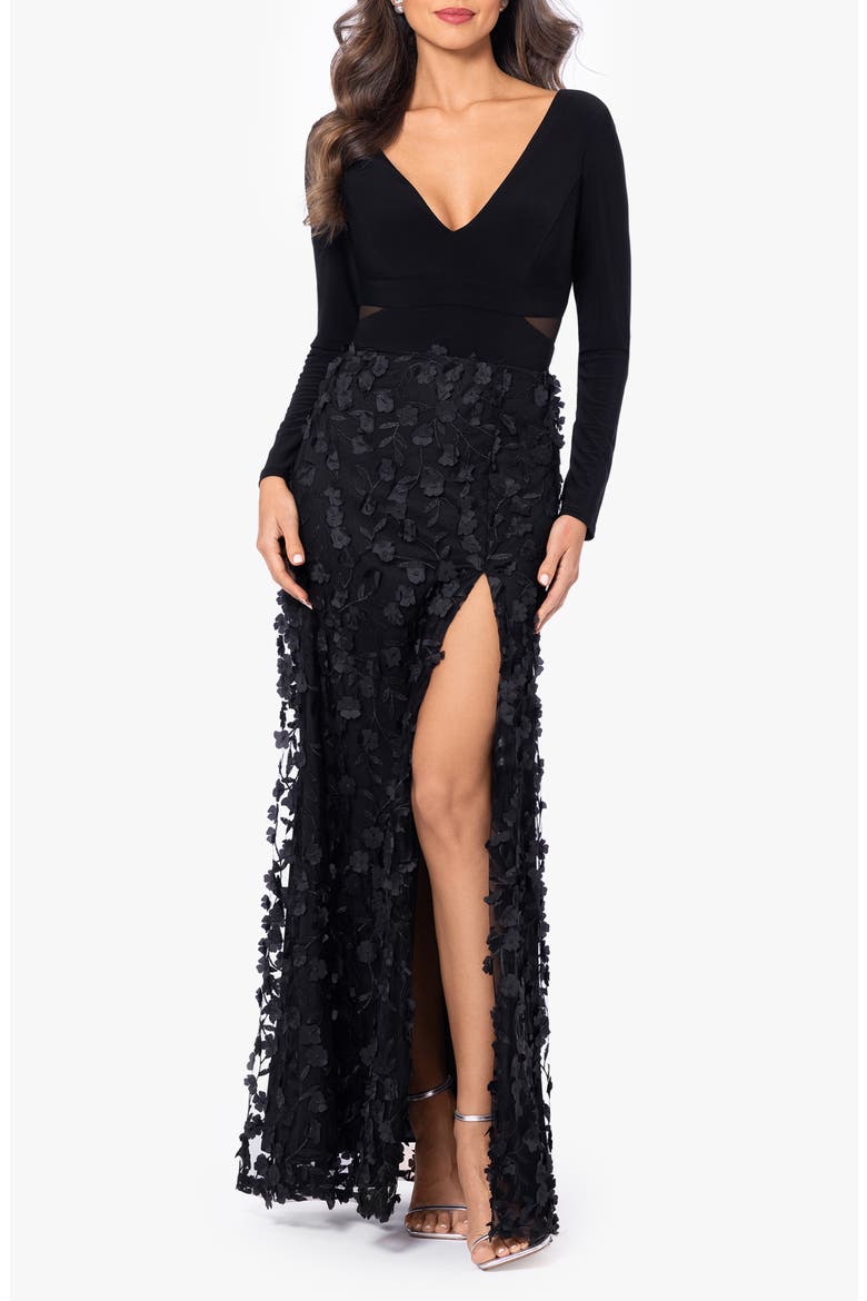 Floral Embroidered Long Sleeve Gown, Main, color, BLACK/ BLACK