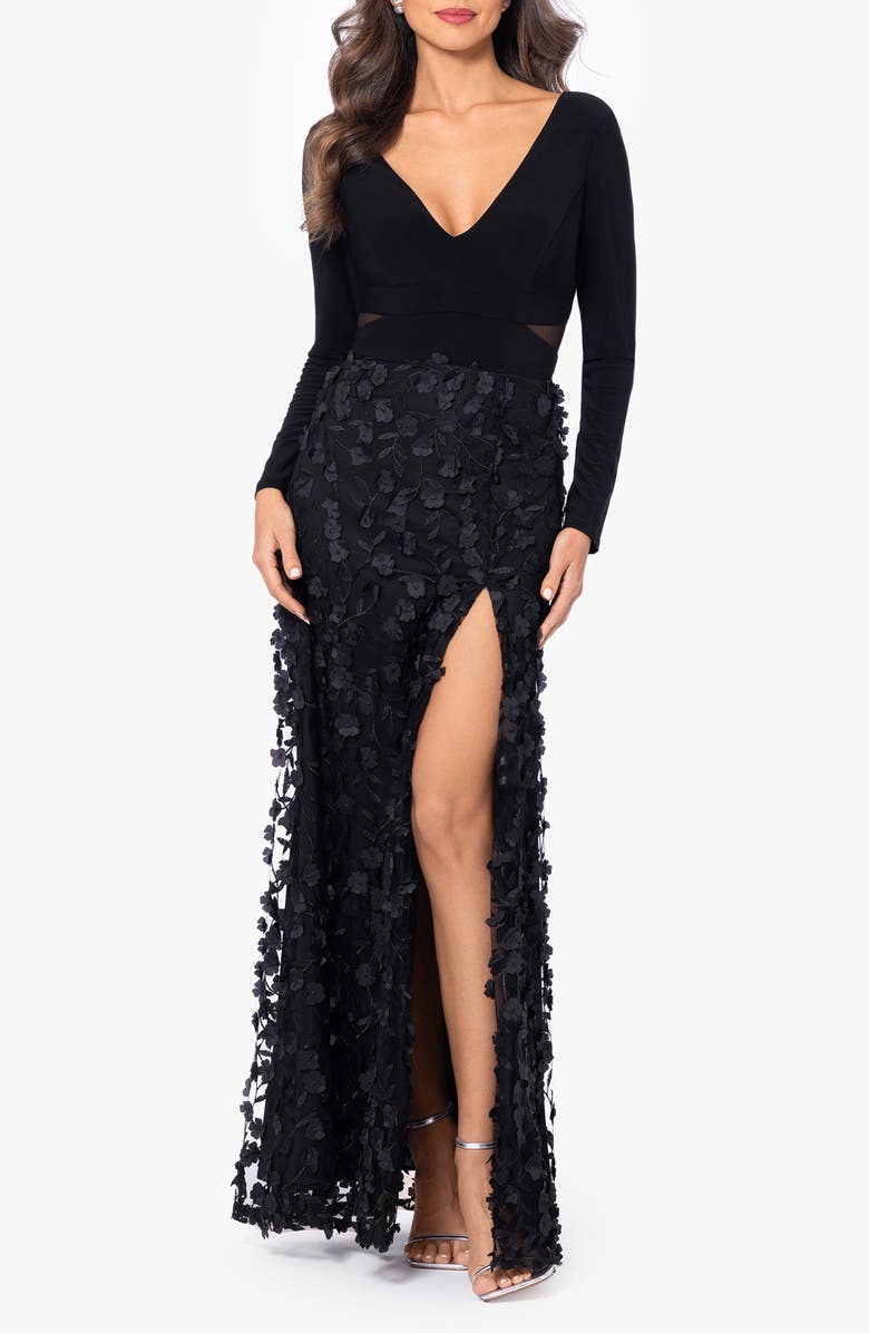 Xscape Evenings Floral Embroidered Long Sleeve Gown, Main, color,