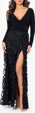 Xscape Evenings Floral Embroidered Long Sleeve Gown