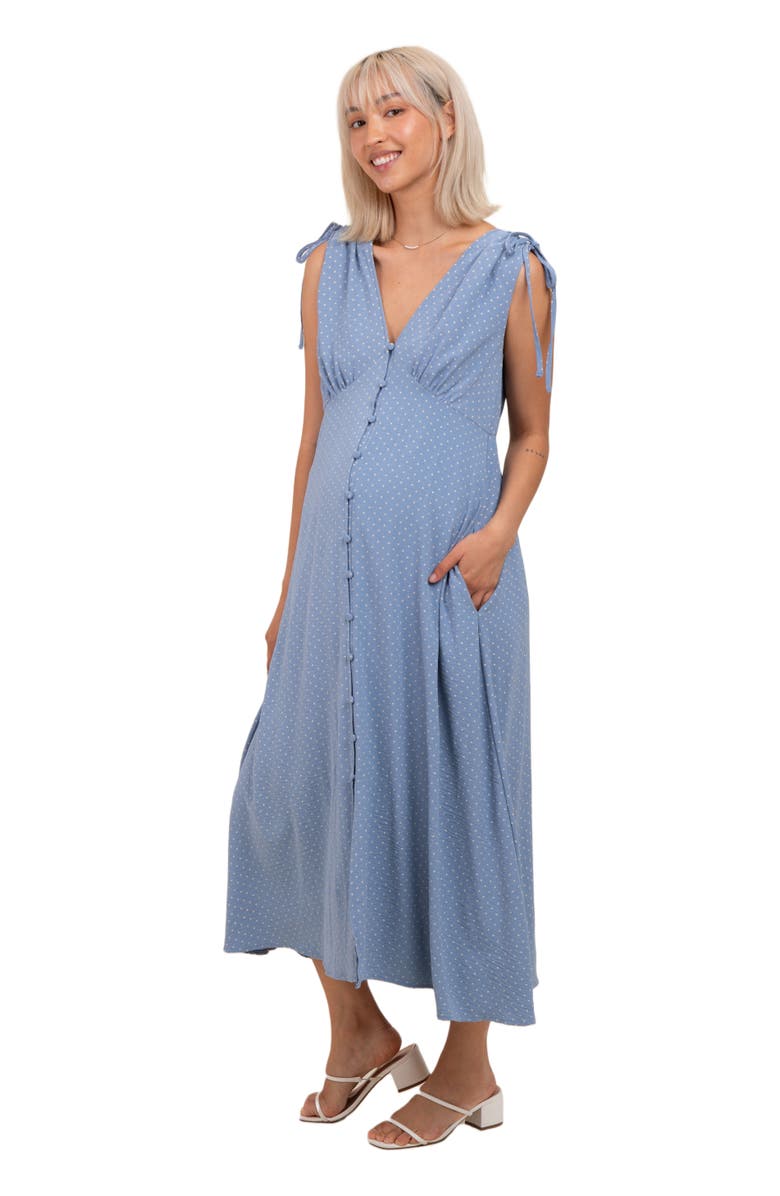 PinkBlush Button-Down Polka Dot Shirred Bow Midi Dress, Alternate, color, Blue