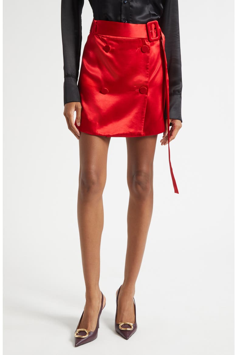 Belted Double Breasted Satin Miniskirt, Main, color, NEW RED