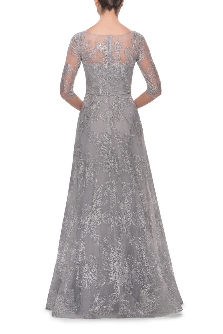 A-line Lace Sequin Gown with Sheer Scoop Neckline, Alternate, color, Silver