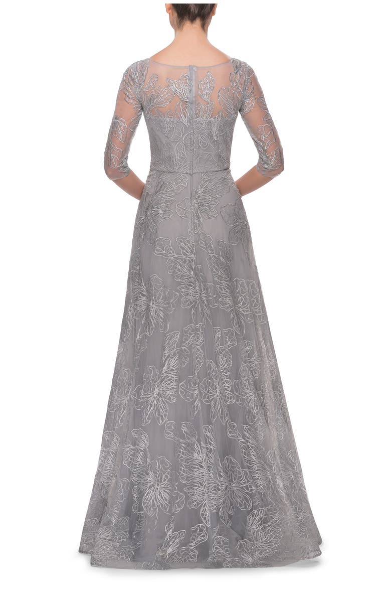 La Femme A-line Lace Sequin Gown with Sheer Scoop Neckline, Alternate, color, Silver