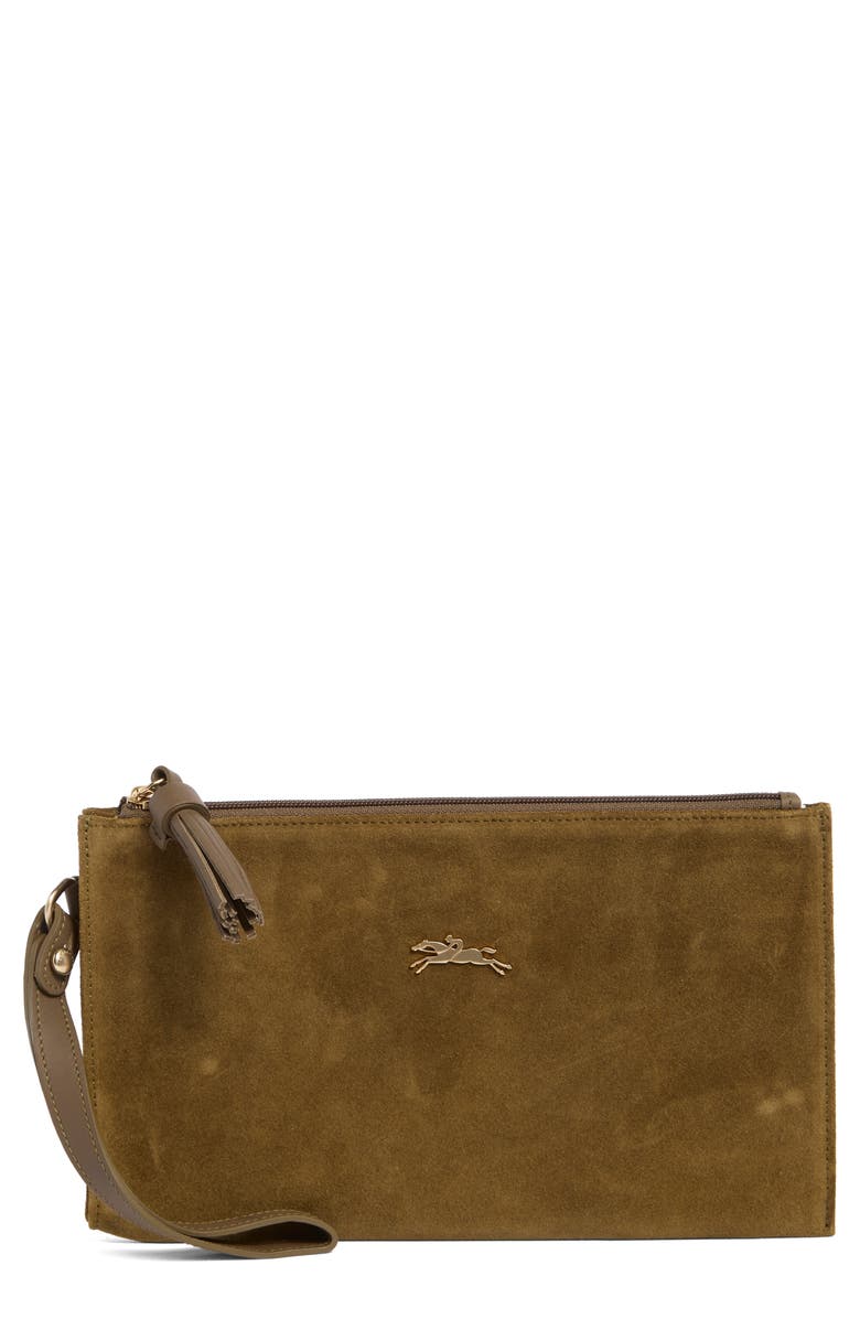 Longchamp Suede Wristlet, Main, color, Khaki
