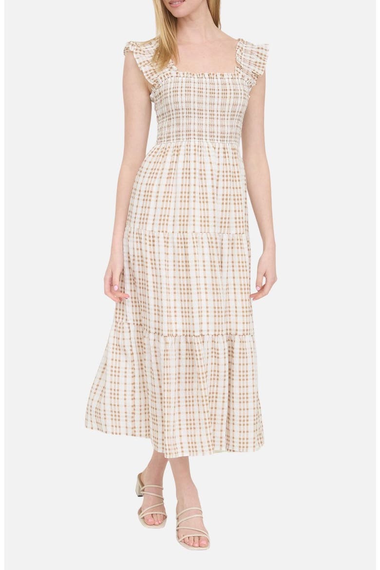 Plaid Ruffle Smocked Fit & Flare Midi Dress, Main, color, LIGHT BROWN