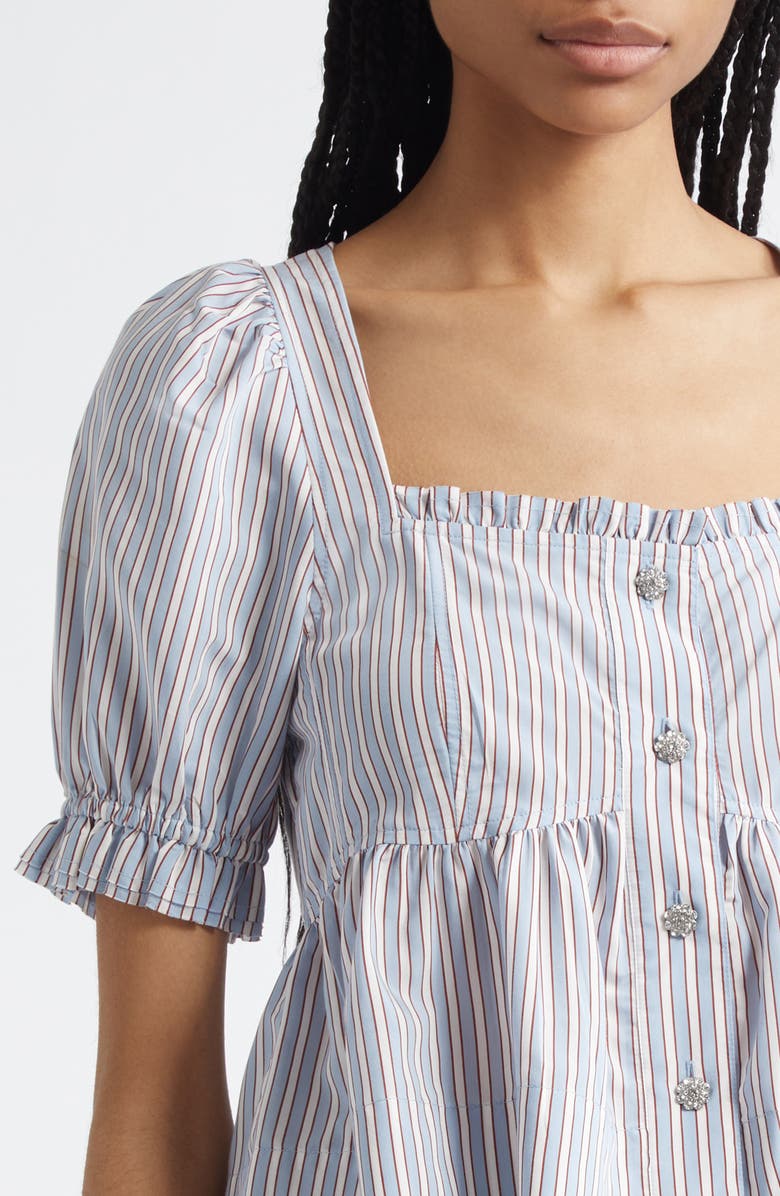 Ganni Yarn Dye Flounce Puff Sleeve Top, Alternate, color, Soft Chambray