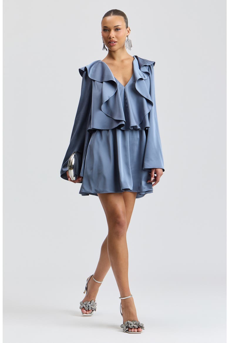 Ruffle Neck Long Sleeve Satin Minidress, Alternate, color, SLATE