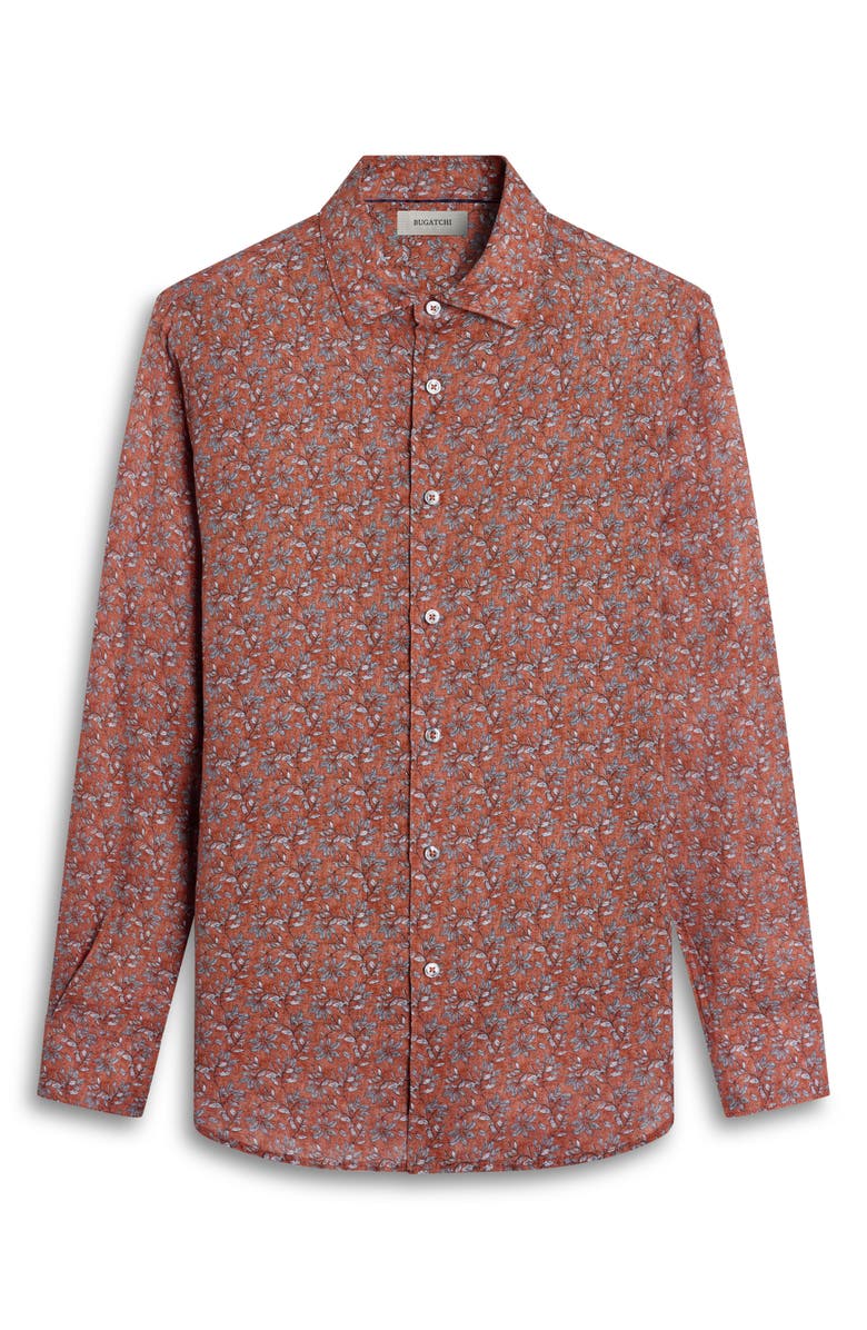 Bugatchi Julian Shaped Fit Floral Linen Button-Up Shirt, Alternate, color, Sienna