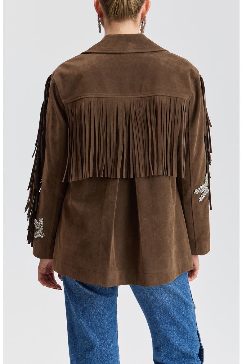Rhinestone Appliqué Faux Suede Fringe Oversized Jacket, Alternate, color, CHOCOLATE