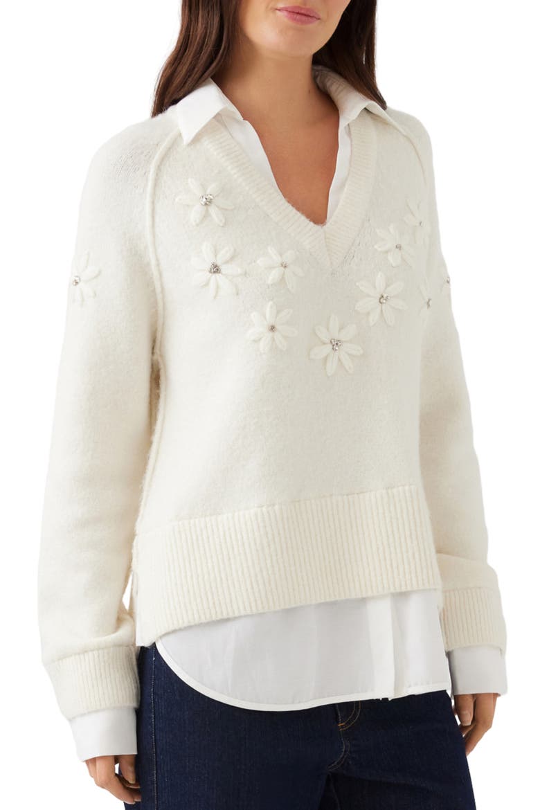 Embroidered Layered V-Neck Sweater, Alternate, color, CREAM