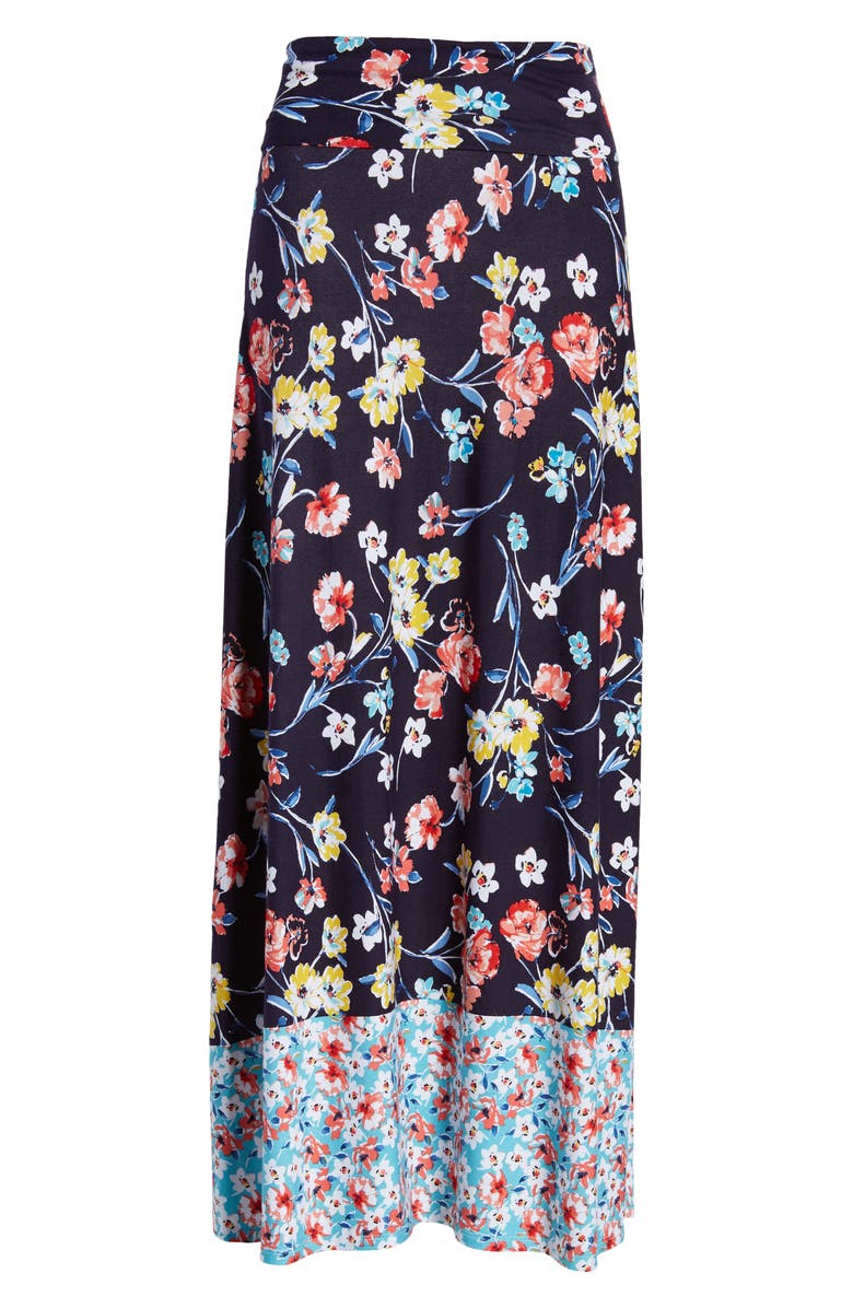 Loveappella Border Print Roll Top Maxi Skirt, Alternate, color, Navy Aqua