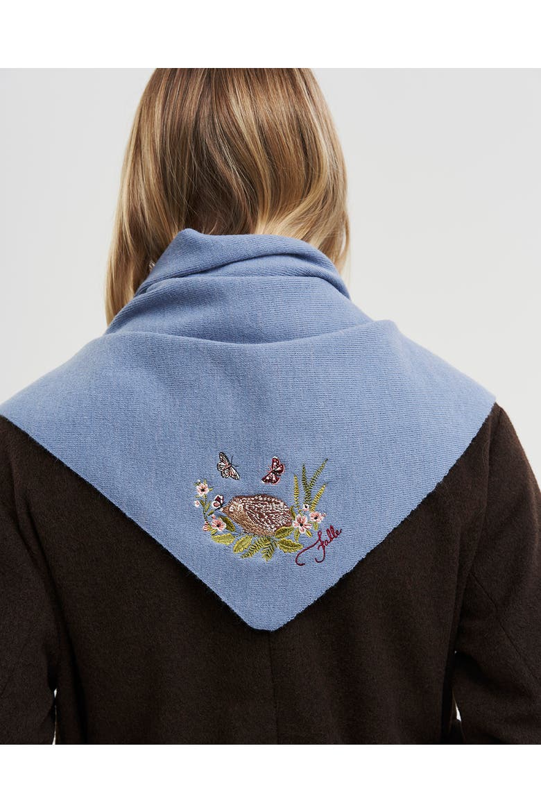Hedgehog Embroidered Knitted Triangle Scarf, Alternate, color, Blue