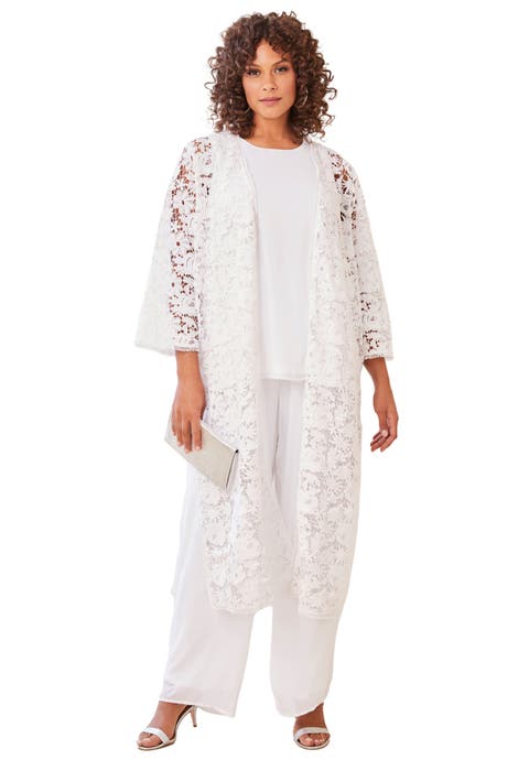 Extended Plus Size 3 Piece Allover Lace Duster Pant Set Formal Wear
