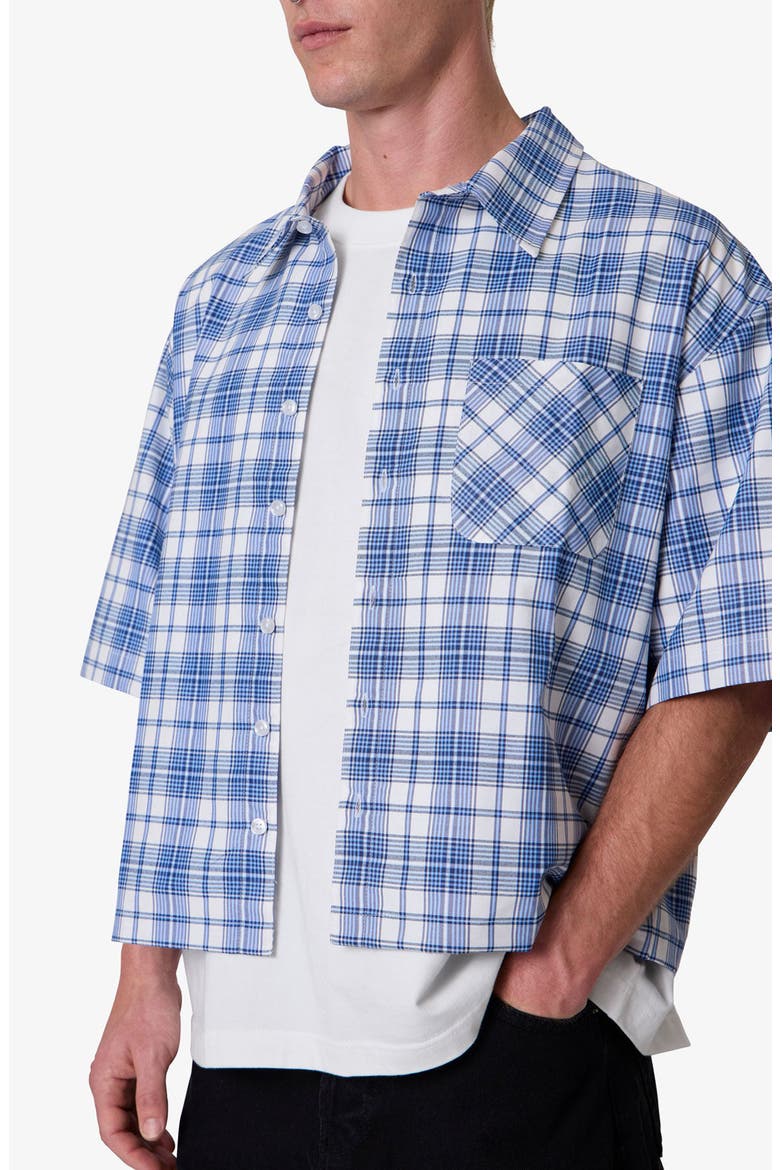 Plaid Crop Short Sleeve Cotton Flannel Button-Up Shirt, Alternate, color, BLUE