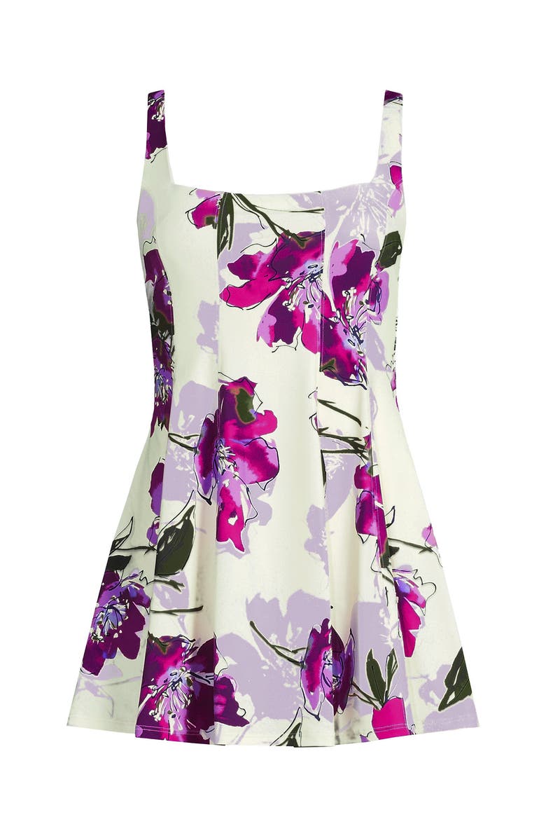 Lands' End Square Neck Corset Seamed Swim Dress, Alternate, color, Egret/Berry Etched Floral