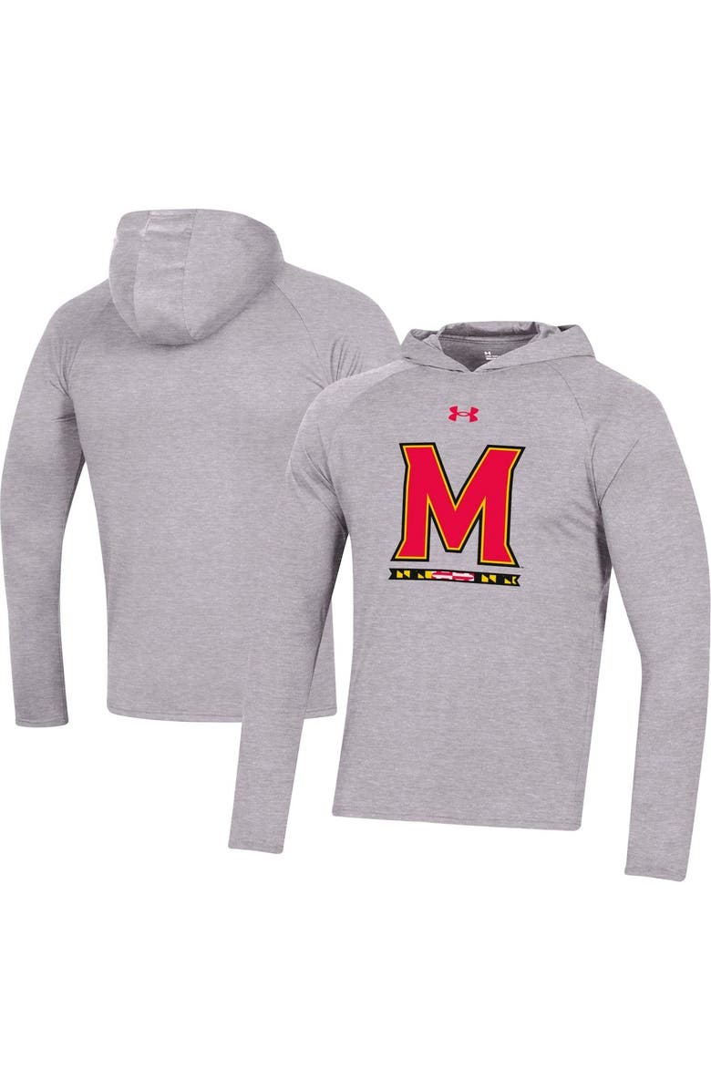 Under Armour Men's Under Armour Heather Gray Maryland Terrapins School Logo Raglan Long Sleeve Hoodie Performance T-Shirt, Main, color,