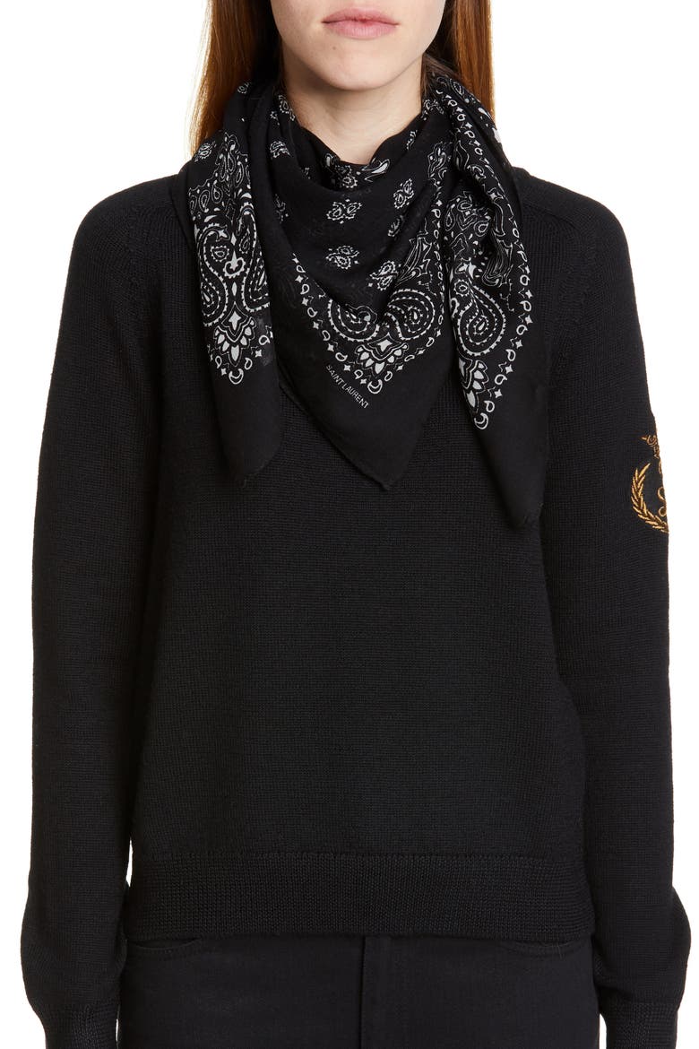 Bandana Print Wool Scarf, Alternate, color, BLACK/ IVORY