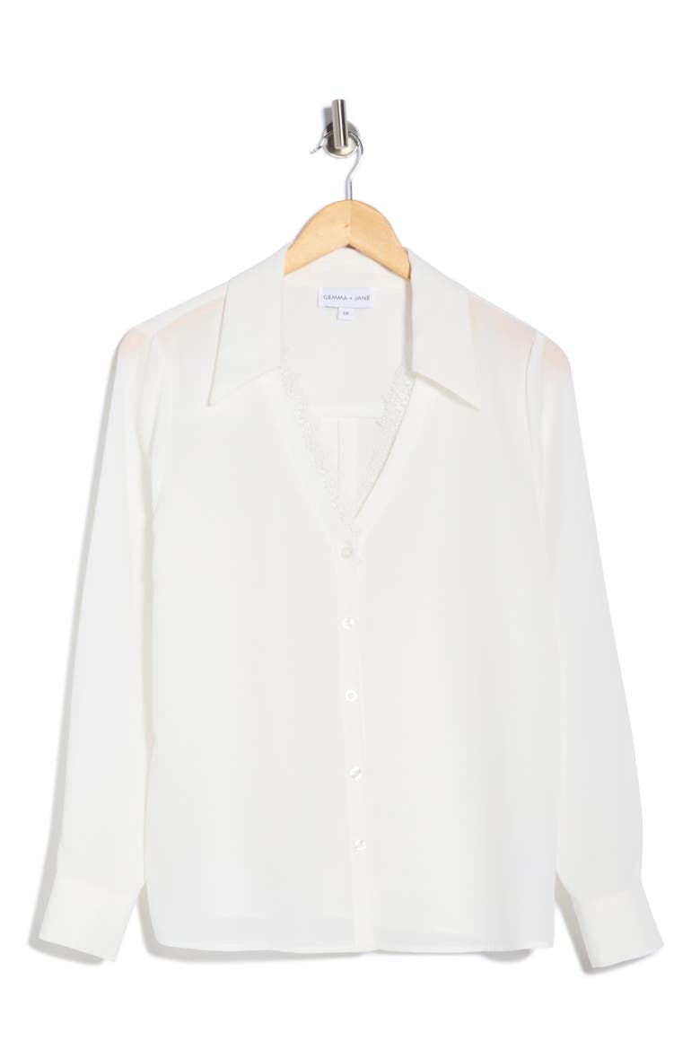V-Neck Lace Trim Button-Up Shirt, Alternate, color, IVORY