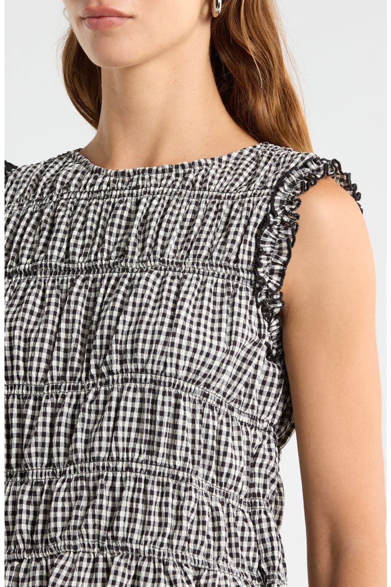 Gingham Smocked Ruffle Trim Top, Alternate, color, RICH BLACK
