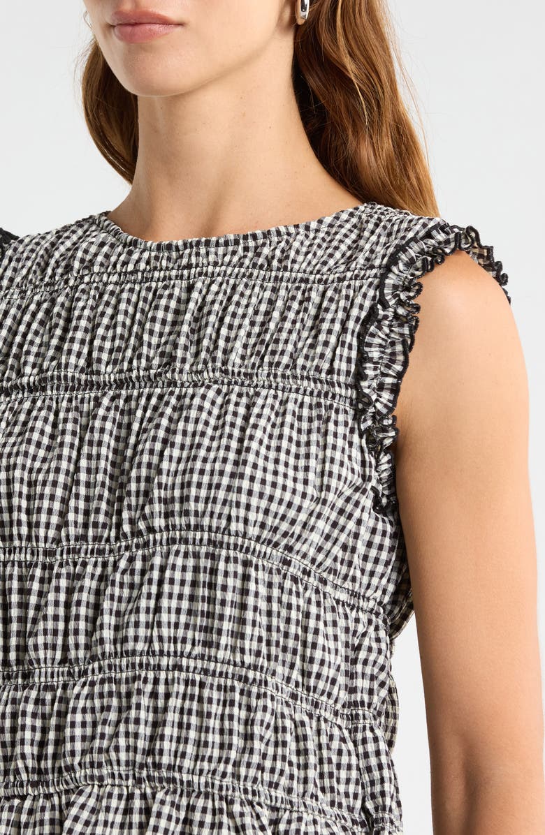 Vince Camuto Gingham Smocked Ruffle Trim Top, Alternate, color, Rich Black