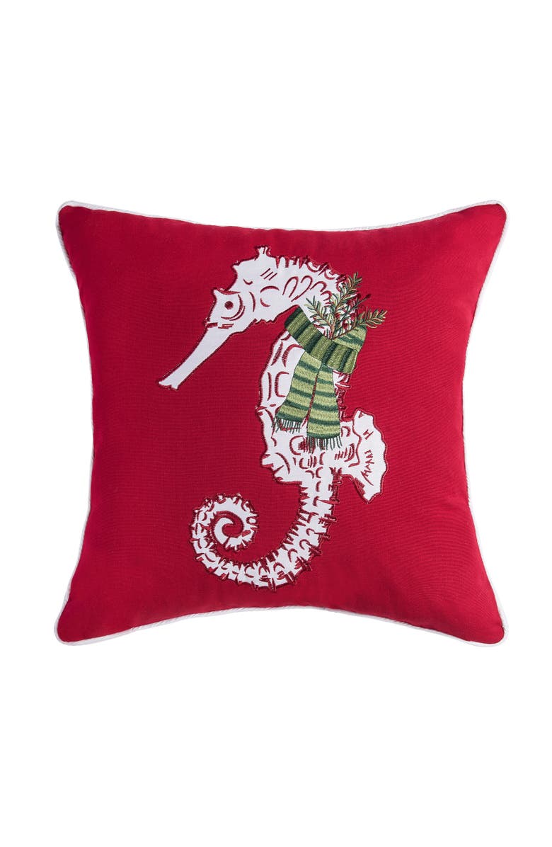 C&F Home Sea Life Seahorse Christmas Throw Pillow, 18" x 18", Main, color, Red