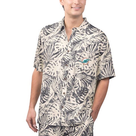 Men's Margaritaville Tan Miami Dolphins Sand Washed Monstera Print Party Button-Up Shirt