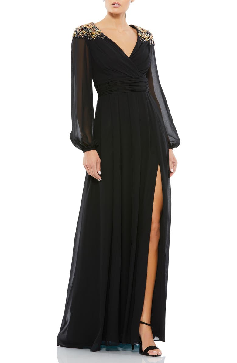 Mac Duggal Embellished Shoulder Blouson Sleeve Evening Gown, Main, color, Black Gold