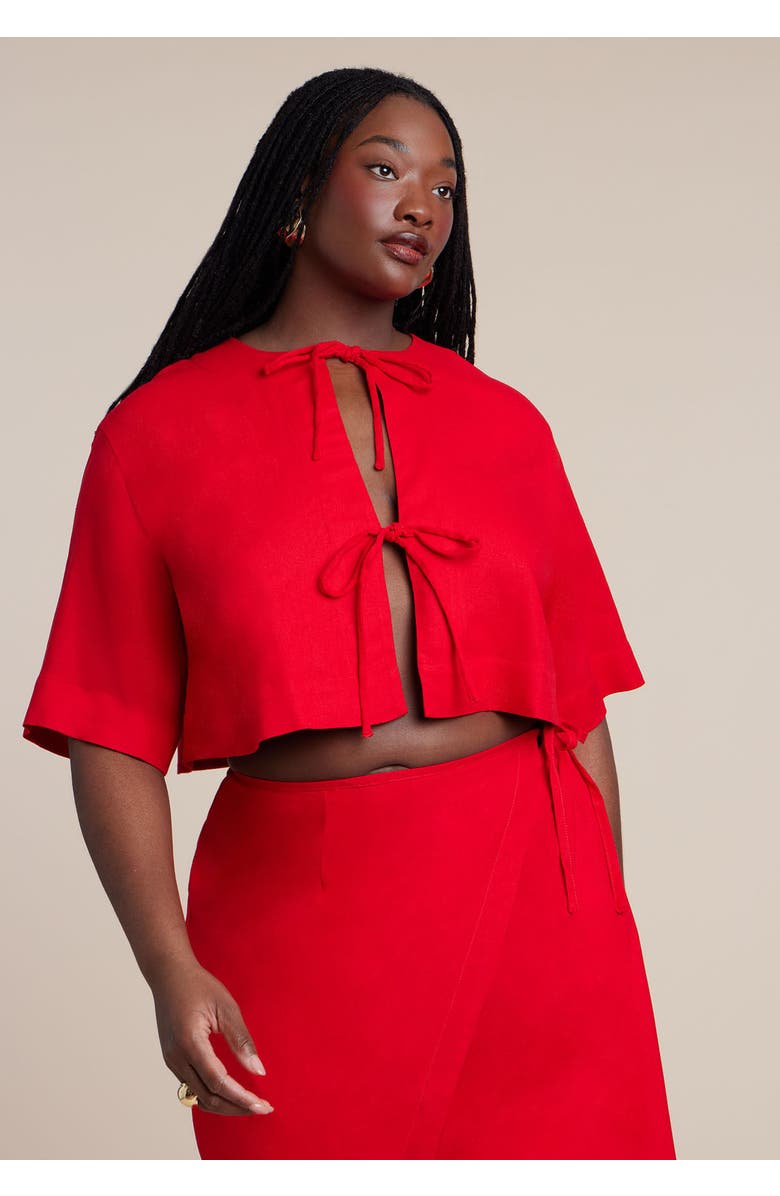 ELOQUII Relaxed Tie Front Linen Top, Alternate, color, Red